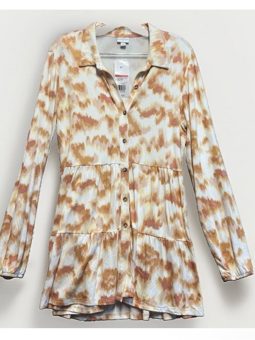 New Directions Tunic Top Womens L NWT Tiered Button Front Abstract Print